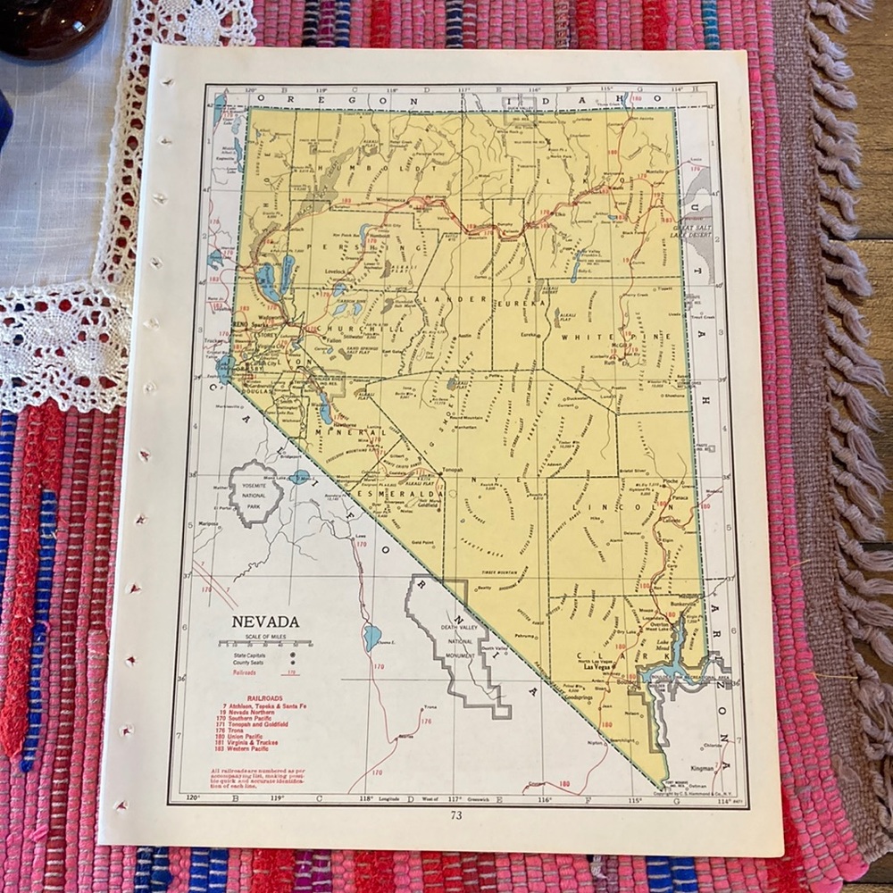 1949 Nevada/New Hampshire Map Ready to Frame 9 1/4” x 12 1/4” with Railroad …